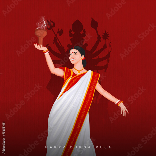A woman in traditional attire blows a conch shell with Goddess Durga's silhouette in the background for Durga Puja