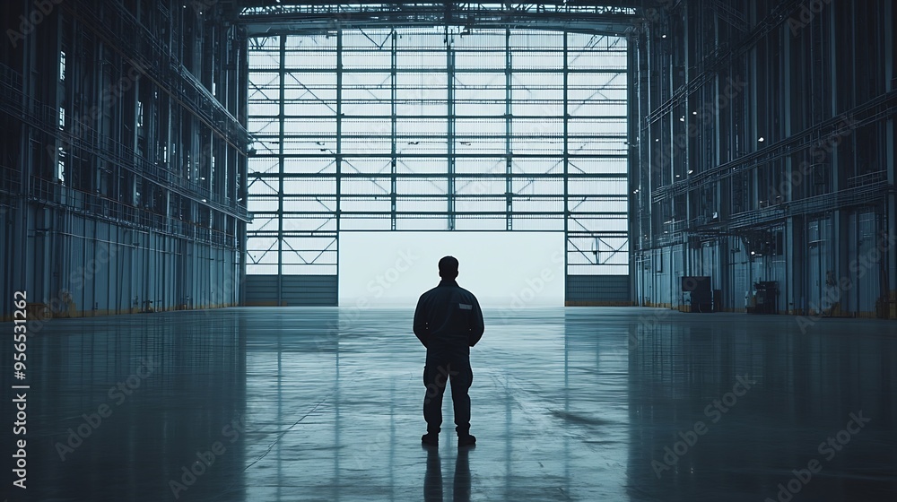 Fototapeta premium Man builder Architect of industrial buildings Construction engineer stands in empty hangar Architect uses internet on his phone Builder of industrial buildings Man engineer in work uni : Generative AI