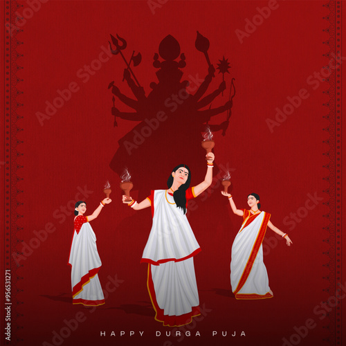 A woman in traditional attire blows a conch shell with Goddess Durga's silhouette in the background for Durga Puja