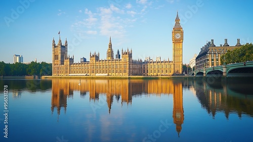 Houses of parliament and Big Ben tower reflected in Thames river London UK : Generative AI
