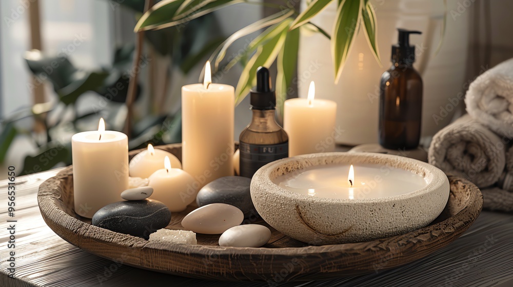 A spa-like setting with candles, stones, and towels. A spa-like setting with candles, stones, and towels.
