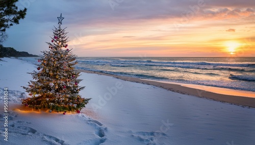 Christmas Tree on a Snowy Beach
A unique Christmas tree setup on a snow-covered beach, with the ocean in the background.