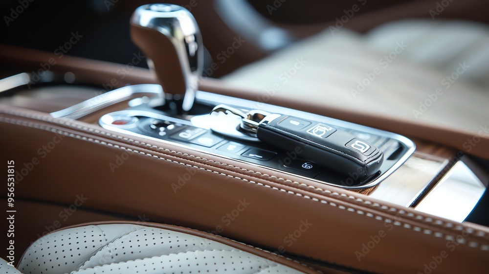A car key on the dashboard of a car. A car key on the dashboard of a car.