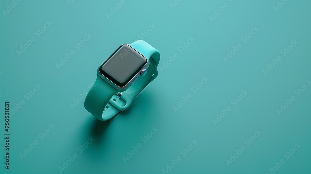 A blue smartwatch on a blue background. A blue smartwatch on a blue background.