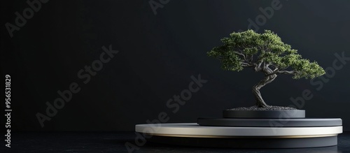 Japanese cosmetic theme featuring a 3D abstract podium and bonsai tree set against a black background for product showcasing 3D rendered illustration