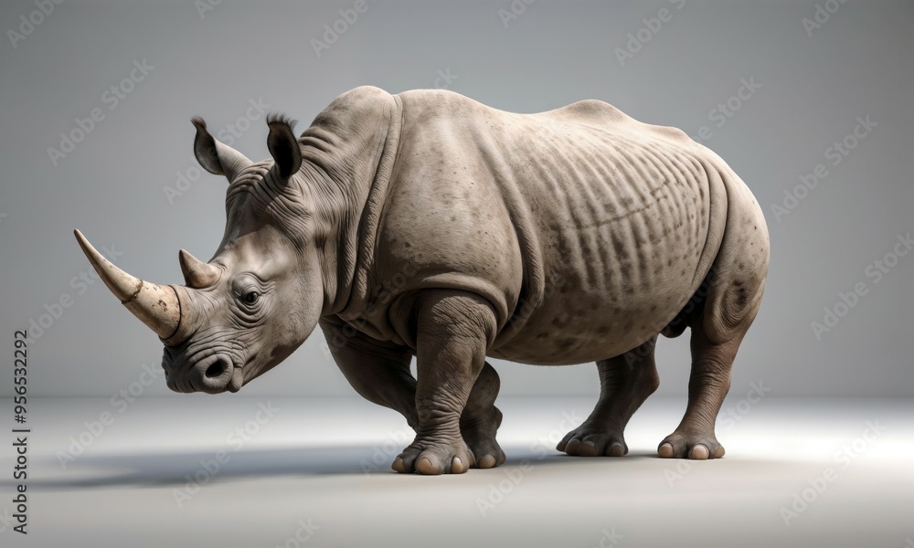 Fototapeta premium A detailed 3D model of a rhinoceros positioned on a clean white surface