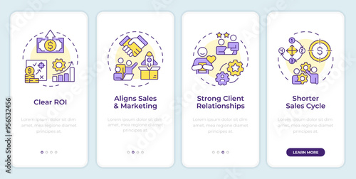 Benefits of abm onboarding mobile app screen. Sales cycle. Walkthrough 4 steps editable graphic instructions with linear concepts. UI, UX, GUI template. Montserrat SemiBold, Regular fonts used