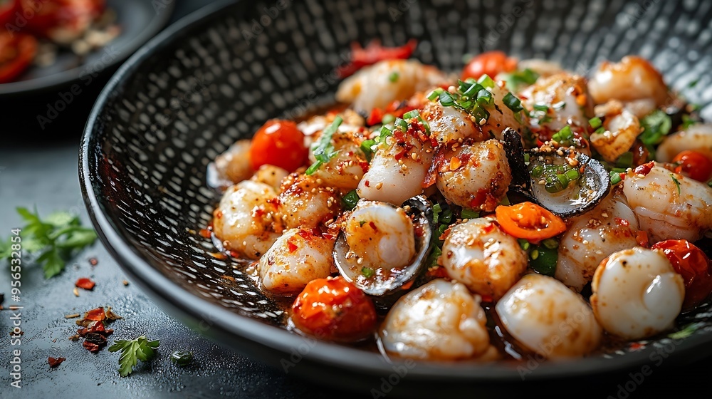 Seasoned whelk vegetables mixed with whelk with sweet and spicy seasoning : Generative AI Seasoned whelk vegetables mixed with whelk with sweet and spicy seasoning : Generative AI