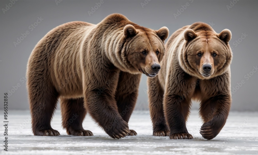 Fototapeta premium Two brown bears stand next to each other on a white surface