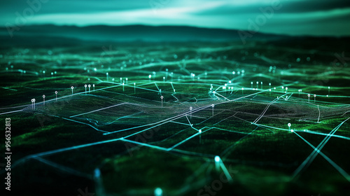 A sweeping view of an expansive rural landscape, with bright markers pinpointing various properties and thin white lines connecting them, creating a clear visual map of land owners
