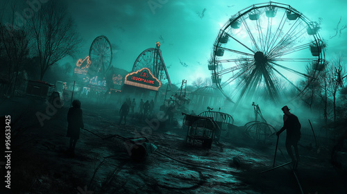 A creepy Halloween carnival with broken rides, eerie music playing in the distance, and clowns with sinister smiles lurking in the shadows.