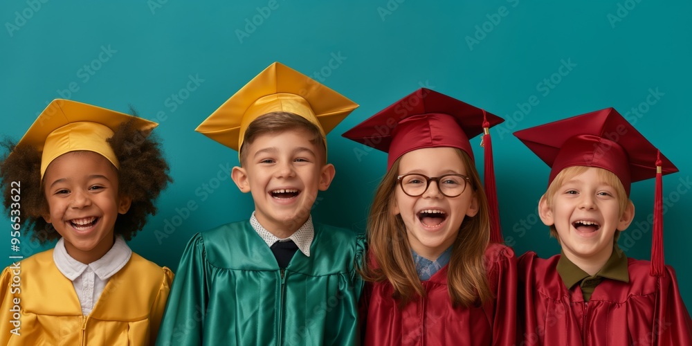 A cheerful group of four young children, two boys and two girls, wearing colorful graduation caps and gowns, smiling and celebrating their graduation day together. A cheerful group of four young children, two boys and two girls, wearing colorful graduation caps and gowns, smiling and celebrating their graduation day together.