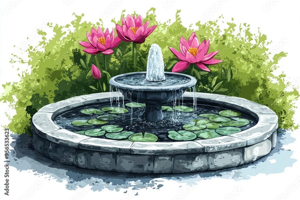 Stone Fountain with Water Lilies and Water Spouting Upward Stone Fountain with Water Lilies and Water Spouting Upward