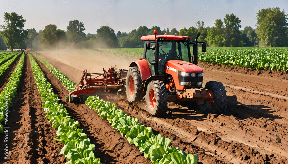 Champ agricole avec tracteur en action Champ agricole avec tracteur en action