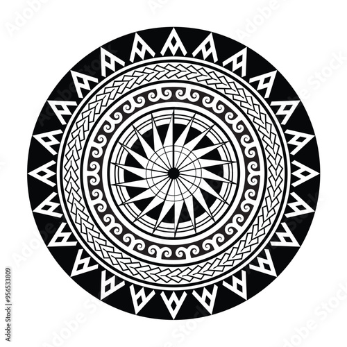 Polynesian tattoo tribal circle design. Samoan tattoo tribal frame circle border stencil.