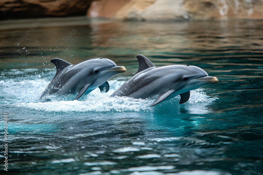 Obraz premium A pair of dolphins swimming in tandem through the water.