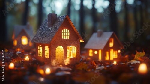 Fantasy Forest Scene with Illuminated Paper Houses and Autumn Leaves at Evening Time. AI generated illustration. photo