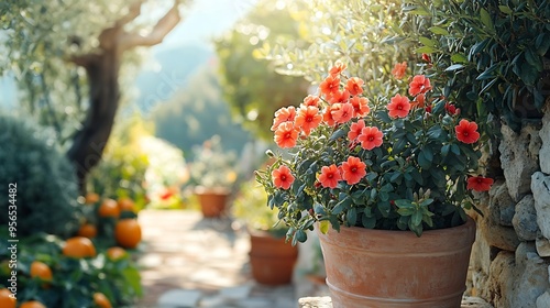 A Mediterranean garden with olive trees orange trees and a plant of red geraniums in a terracotta jar in springtime Liguria Italy : Generative AI