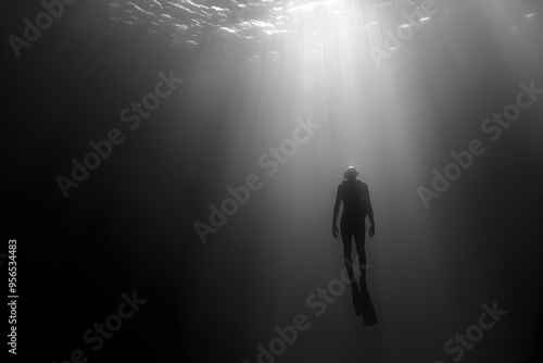 A solitary diver looking up at the faint sunlight above.