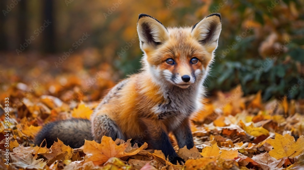 Obraz premium Red Fox Kit in Autumn Leaves.