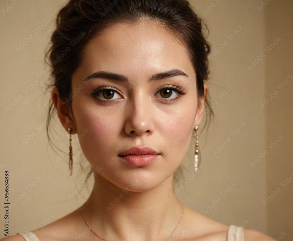 Naklejka premium Elegant woman with soft expression and warm lighting