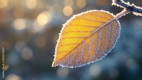 Frosted winter leaf of blackthorn or sloe shrub Prunus spinosa Rosaceae Macro close up of bright yellowgreenish leaf backlit by low sunlight with ice crystals isolated on blurred backg : Generative AI photo