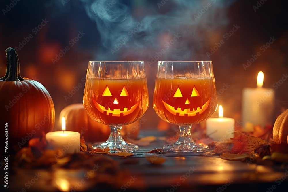 Halloween Drinks in Glasses with Jack-o'-Lantern Faces on a Table with Candles and Pumpkins. AI generated illustration. Halloween Drinks in Glasses with Jack-o'-Lantern Faces on a Table with Candles and Pumpkins. AI generated illustration.