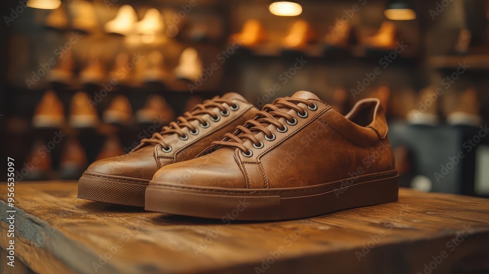 artisanal leather sneaker on reclaimed wood table soft spotlighting blurred vintage shoe display in background rich textures and warm tones create inviting atmosphere artisanal leather sneaker on reclaimed wood table soft spotlighting blurred vintage shoe display in background rich textures and warm tones create inviting atmosphere