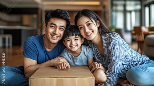 New house portrait and happy family on floor with moving box hug and support pride and security Mortgage real estate and children with parents in dream home property and future investm : Generative AI