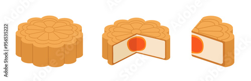 Set of whole, half and a quarter piece of mooncakes isolated on white background for Mid-Autumn Festival. Mooncake festival elements. Concept of Asian's traditional culture, Chinese bakery, sweet.