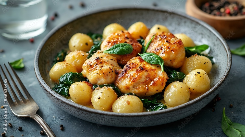 Gnocchi small potato balls with spinach fried chicken fillet in creamy sauce on grey ceramic plate Close up view Lunch table background fork water glass pepper Traditional italian cuis : Generative AI Gnocchi small potato balls with spinach fried chicken fillet in creamy sauce on grey ceramic plate Close up view Lunch table background fork water glass pepper Traditional italian cuis : Generative AI