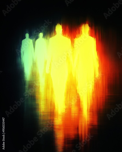 Four glowing human figures: blue, green and orange shades photo