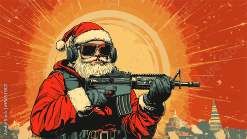 vector santa claus with weapon in hands wearing sunglasses .Generative AI