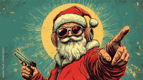 vector santa claus in headphones and sunglasses at a rave with rays in the background .Generative AI