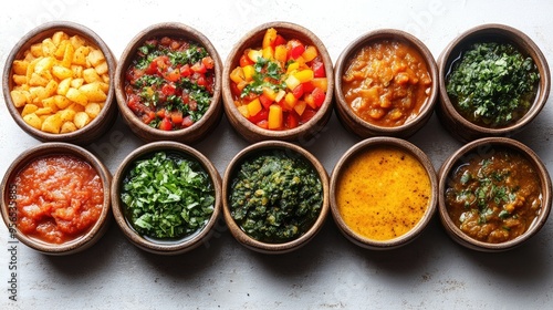 Ethiopian injera with assorted stews on a white background