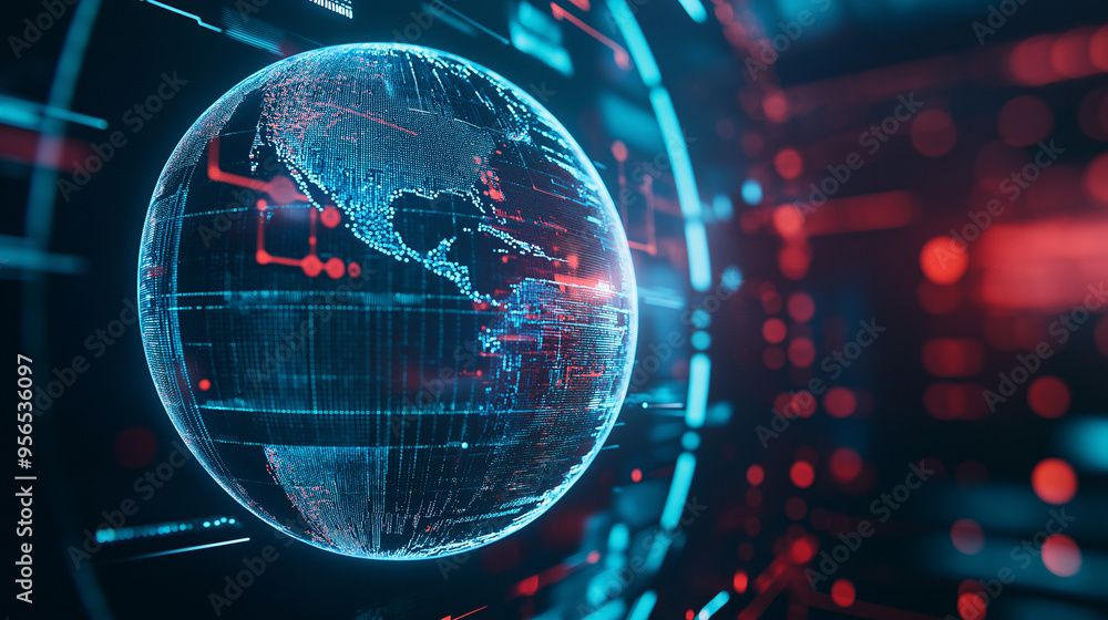 A futuristic bank logo with a rotating holographic globe and digital network symbols, representing the global reach of online financial services. Copy space available for text. A futuristic bank logo with a rotating holographic globe and digital network symbols, representing the global reach of online financial services. Copy space available for text.