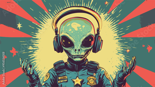 vector alien in headphones at a rave in yellow and blue colors in pin-up style on the background of rays .Generative AI