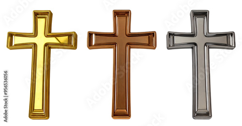 Three reflective metallic crosses in gold, bronze, and silver finishes isolated on a transparent background, ideal for religious themes, design projects, and faith based branding