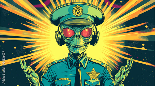 vector alien in police uniform at rave in yellow blue colors in pinup style on background rays .Generative AI
