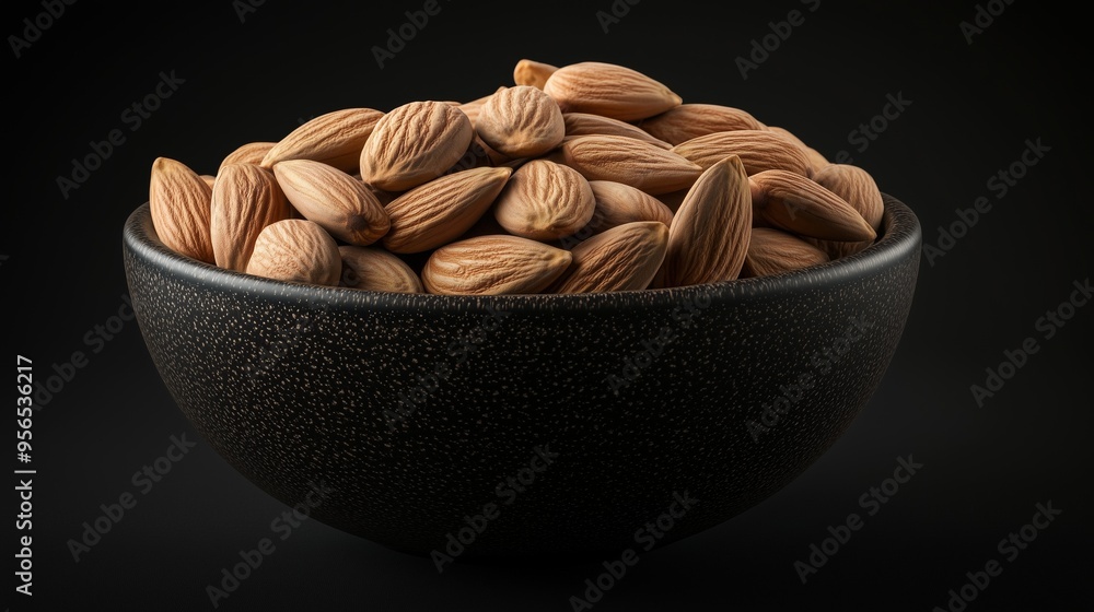 A stunning bowl of almonds shines on a sleek black background, evoking luxury and healthy snacking. A stunning bowl of almonds shines on a sleek black background, evoking luxury and healthy snacking.