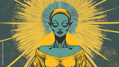 vector girl in yellow blue colors in pinup style on background rays .Generative AI
