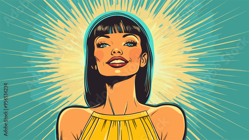 vector girl in yellow blue colors in pinup style on background rays .Generative AI