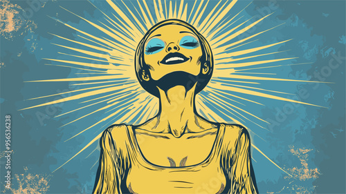 vector girl in yellow blue colors in pinup style on background rays .Generative AI