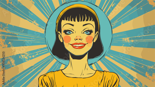 vector girl in yellow blue colors in pinup style on background rays .Generative AI