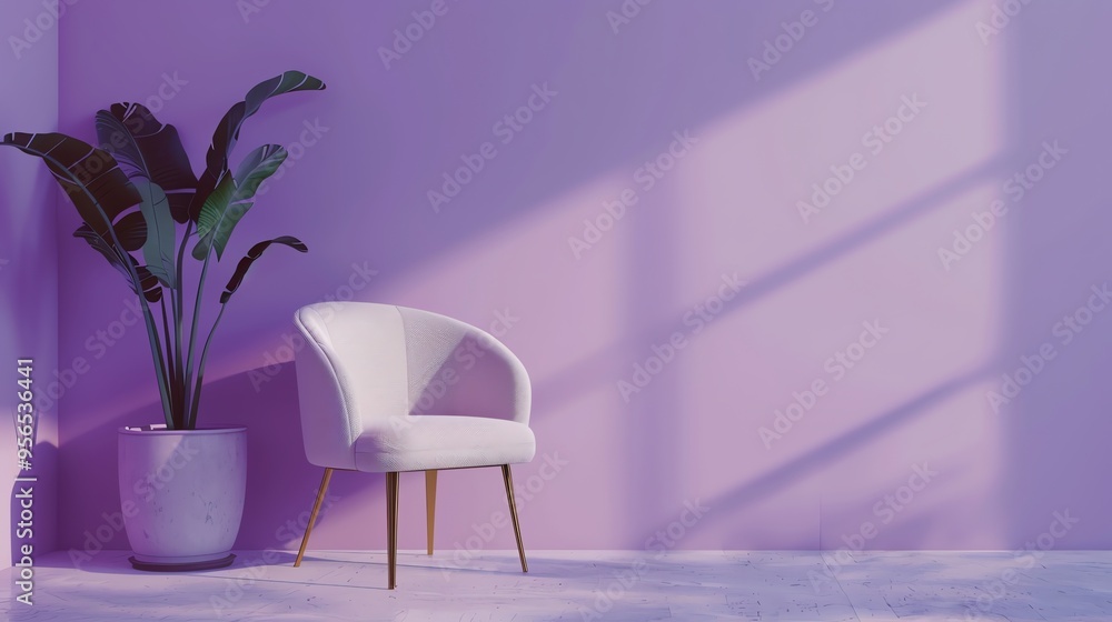 A white armchair with a potted plant against a purple wall. A white armchair with a potted plant against a purple wall.