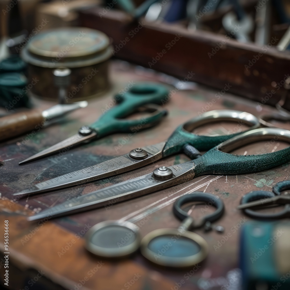 A Collection of Metal Scissors and Tools on a Wooden Tabletop A Collection of Metal Scissors and Tools on a Wooden Tabletop