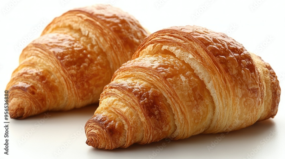 French croissants, golden and flaky, on a white background French croissants, golden and flaky, on a white background