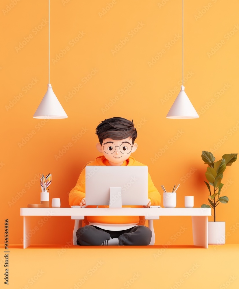 Fototapeta premium Boy Working on Computer, Community Manager Job, Minimalist Style