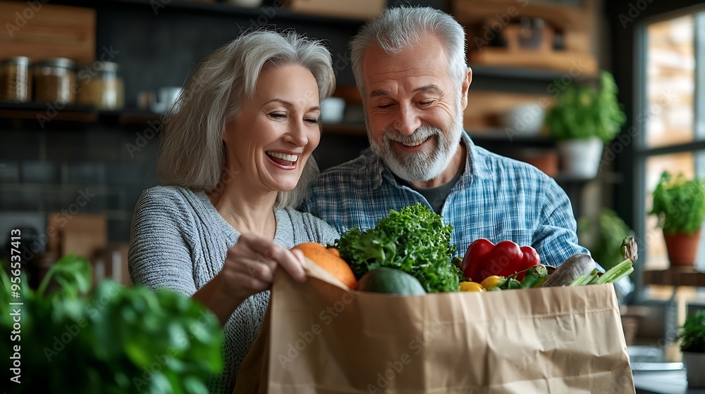 Organic Food Delivery Happy Senior Couple Unpacking Bag With Groceries In Kitchen Cheerful Elderly Spouses Holding Fresh Vegetables And Smiling Mature Husband And Wife Enjoying Healthy : Generative AI Organic Food Delivery Happy Senior Couple Unpacking Bag With Groceries In Kitchen Cheerful Elderly Spouses Holding Fresh Vegetables And Smiling Mature Husband And Wife Enjoying Healthy : Generative AI
