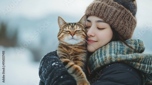 Travel concept with a petCute asian girl on the mountain hugs her bengal catyoung woman with a cat on the mountain in morning : Generative AI photo